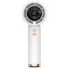 A white portable USB mini handheld fan with a circular grille and gold accents.