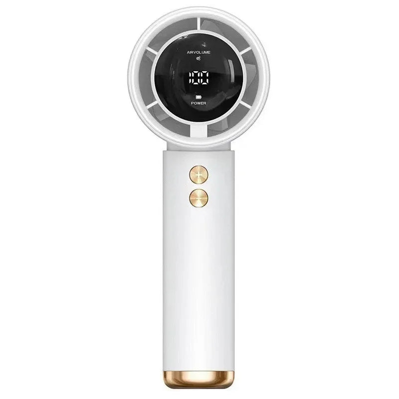 A white portable USB mini handheld fan with a circular grille and gold accents.