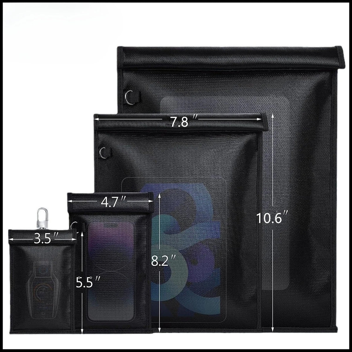 A set of black RFID blocking Faraday bags with various sizes for protecting car keys and phones.