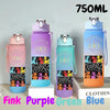 A set of three 750ml portable sports water bottles in pink, purple, and blue colors.