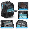 A black laptop backpack showing various compartments including a hidden zip pocket, front pocket, and large capacity main bag
