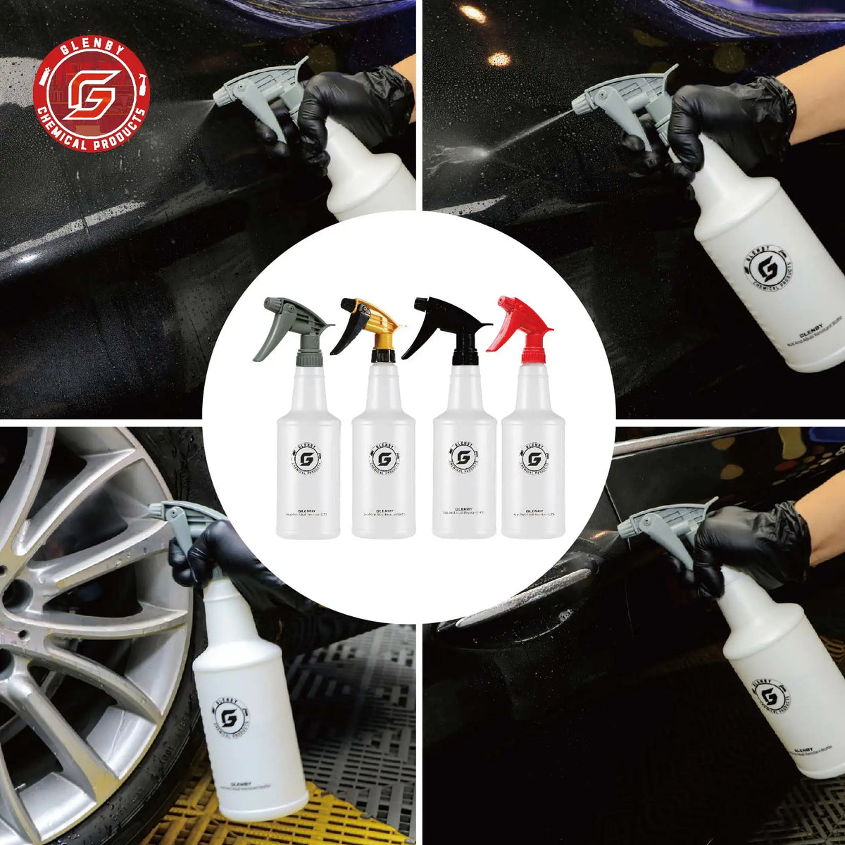 A collection of black and yellow cleaning spray bottles being used on a car surface.