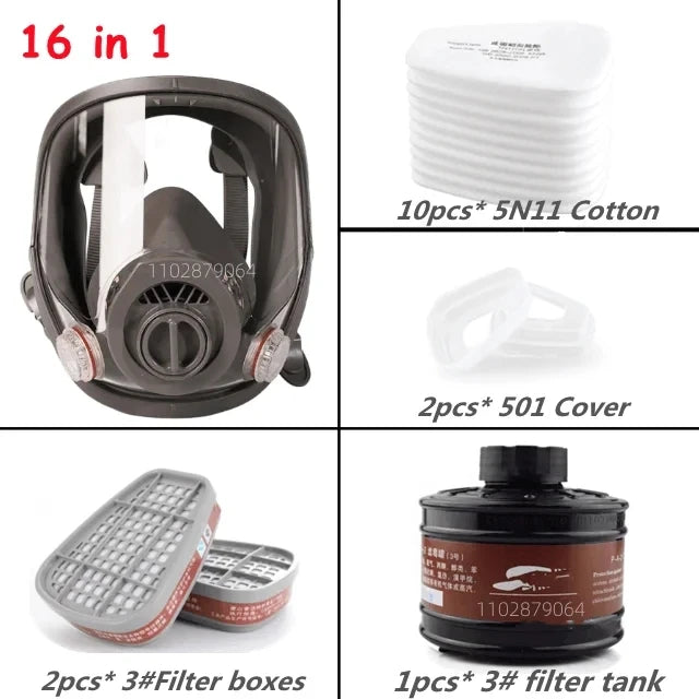A set of full face respirators, including a mask, cotton filters, and filter tanks.