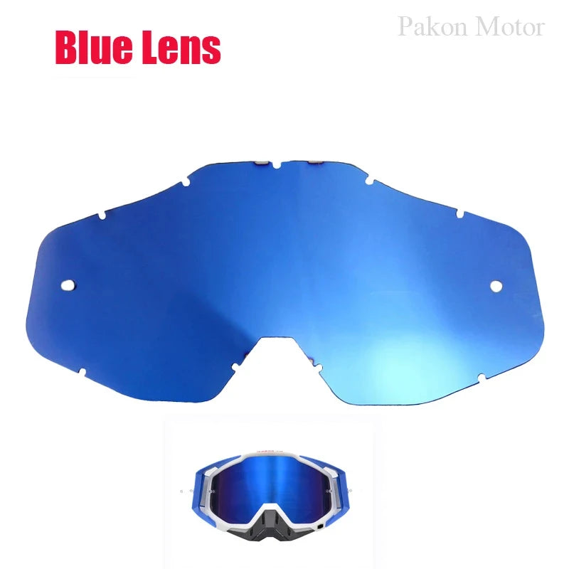 Blue lens motorcycle goggles with a blue lens and clear frame shown from the top and bottom views.