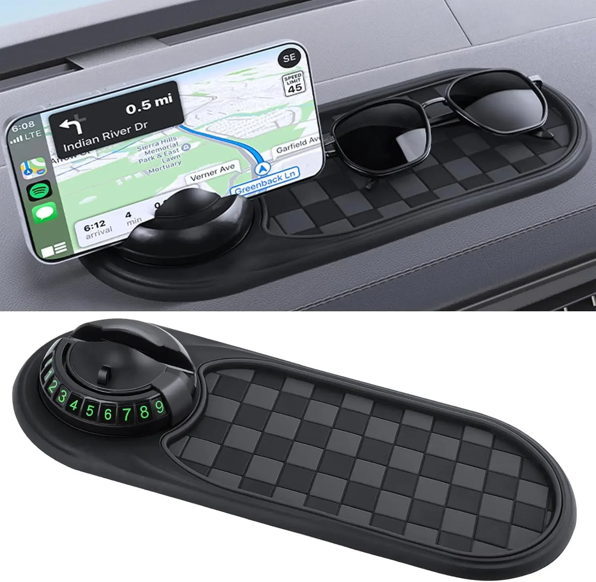 A black universal dashboard phone holder with an anti-slip mat and a rotating mount, shown in use on a car dashboard.