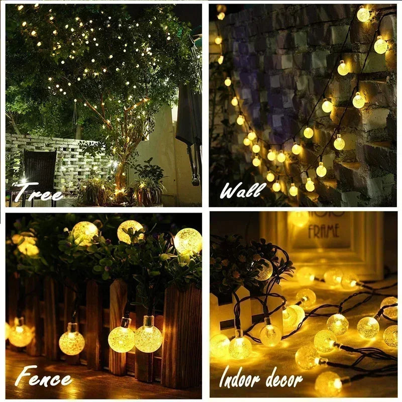 A collage showing solar-powered crystal ball string lights decorating a tree, wall, fence, and indoor decor.