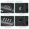 Instructions showing how to set a new code on a portable 4-digit combination safe lock box.