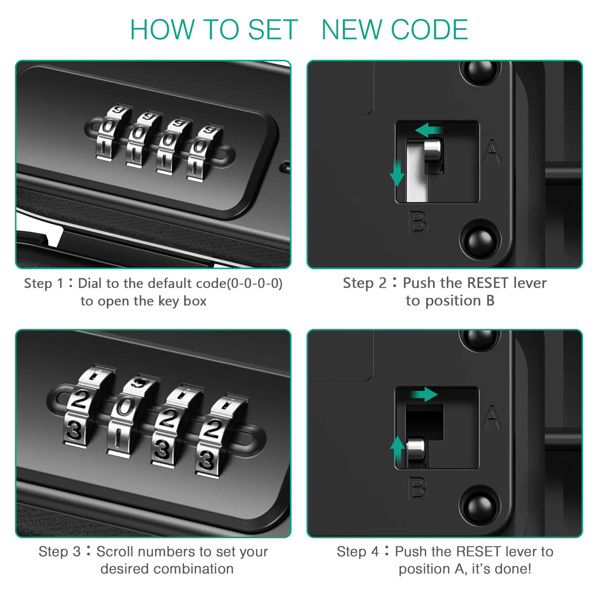 Instructions showing how to set a new code on a portable 4-digit combination safe lock box.