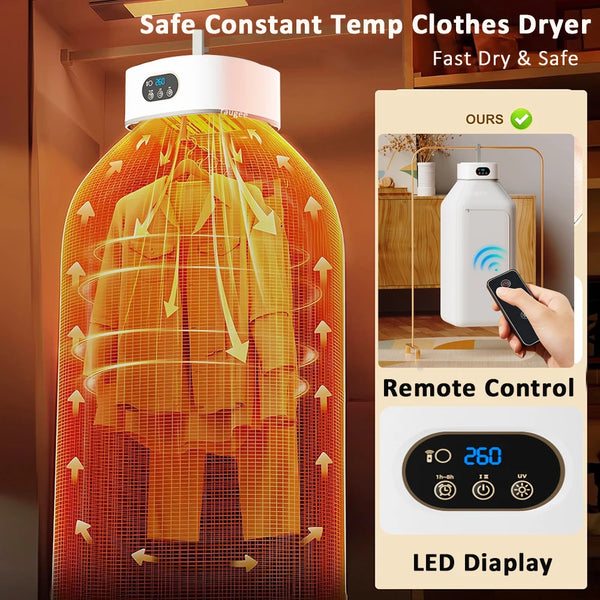 A white clothes dryer with a transparent door shows an orange shirt inside, featuring a remote control and LED display.