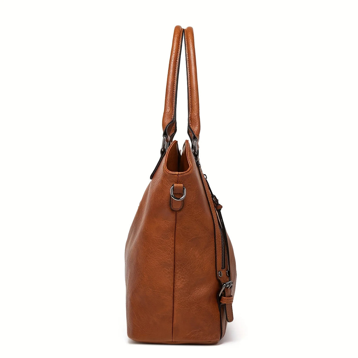 A brown PU leather tote bag with a detachable strap shown from the side.