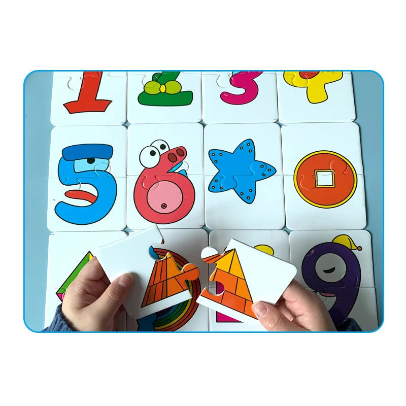 A hand is placing puzzle cards featuring numbers and shapes onto a blue board for a Montessori matching game.