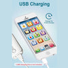 A white smartphone displaying an interactive learning game, shown next to a USB charging cable.