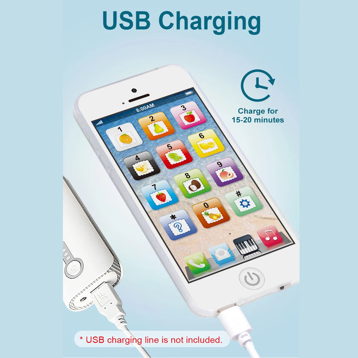 A white smartphone displaying an interactive learning game, shown next to a USB charging cable.