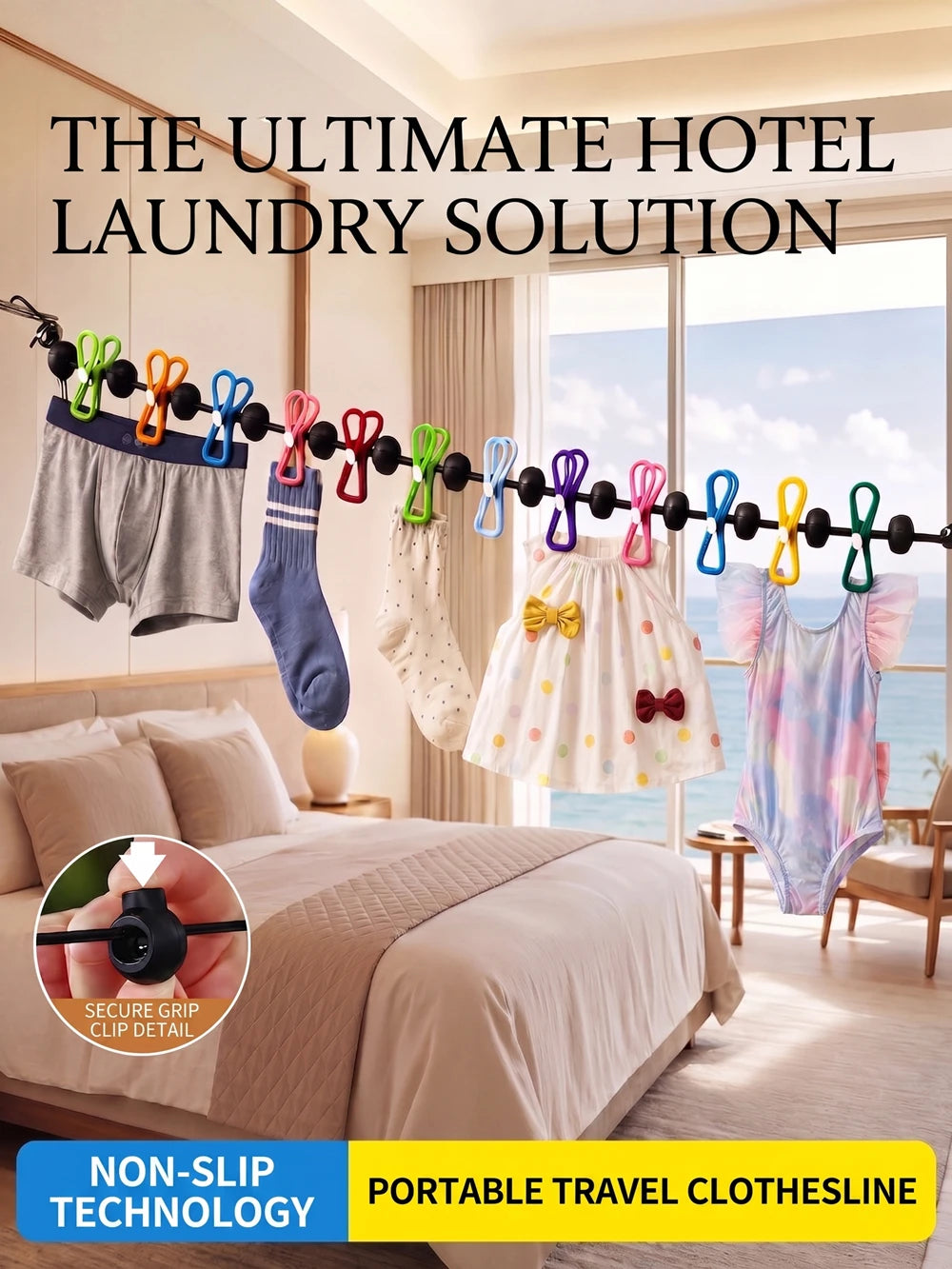 A portable travel clothesline featuring 12 colorful clothespins used for laundry on a bed.