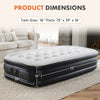 A black elevated air mattress is shown lying on a beige rug, with dimensions marked as 75 inches long by 16 inches thick.