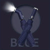 A dark blue automatic three-fold umbrella with an LED light shining brightly.