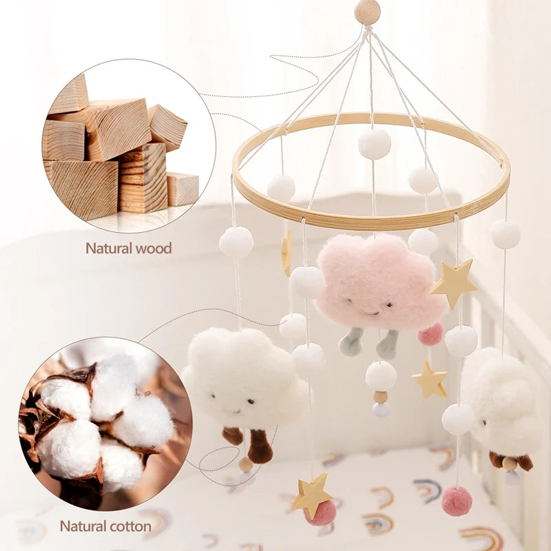 Wooden and Felt Crib Mobile with Cloud and Star Rattles