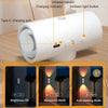 A white rechargeable motion sensor night light with an infrared sensor and ambient light button shown in various modes.