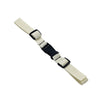 A beige and black adjustable backpack chest strap with Velcro closures.