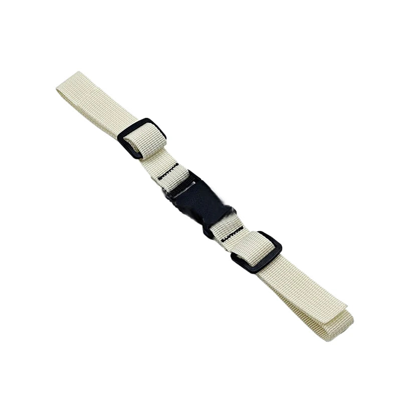 A beige and black adjustable backpack chest strap with Velcro closures.