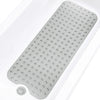 A rectangular gray bathtub mat with numerous suction cups and drain holes is shown against a white background.
