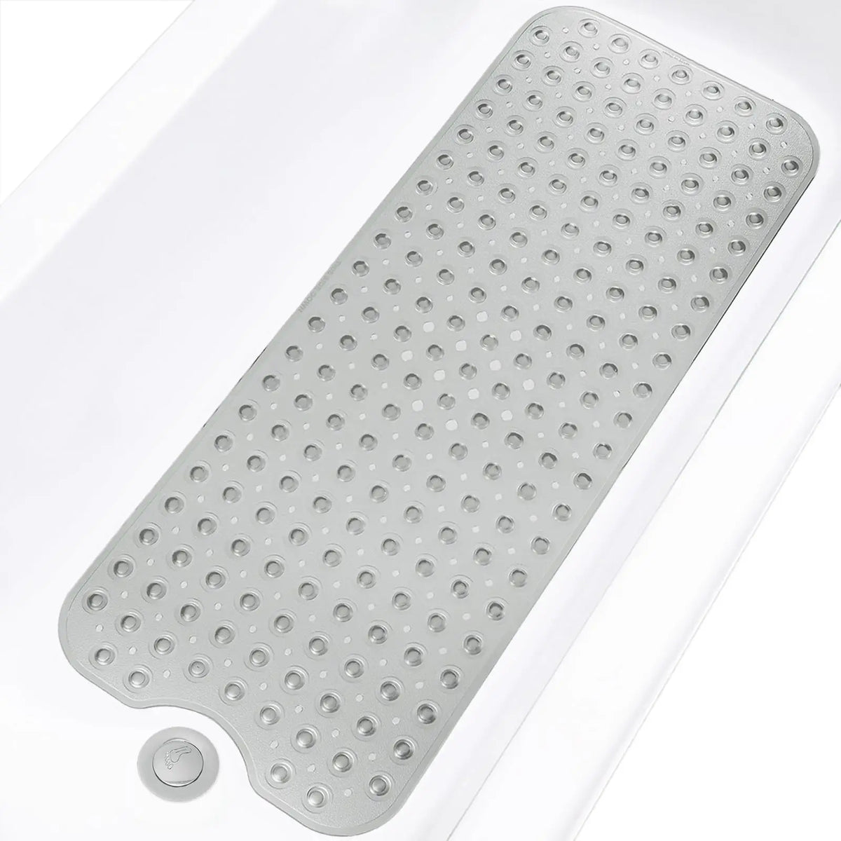 A rectangular gray bathtub mat with numerous suction cups and drain holes is shown against a white background.