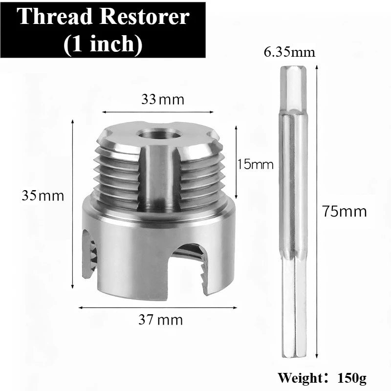 A silver thread restorer tool with a hexagonal base and a cylindrical shaft, measuring 75mm long.