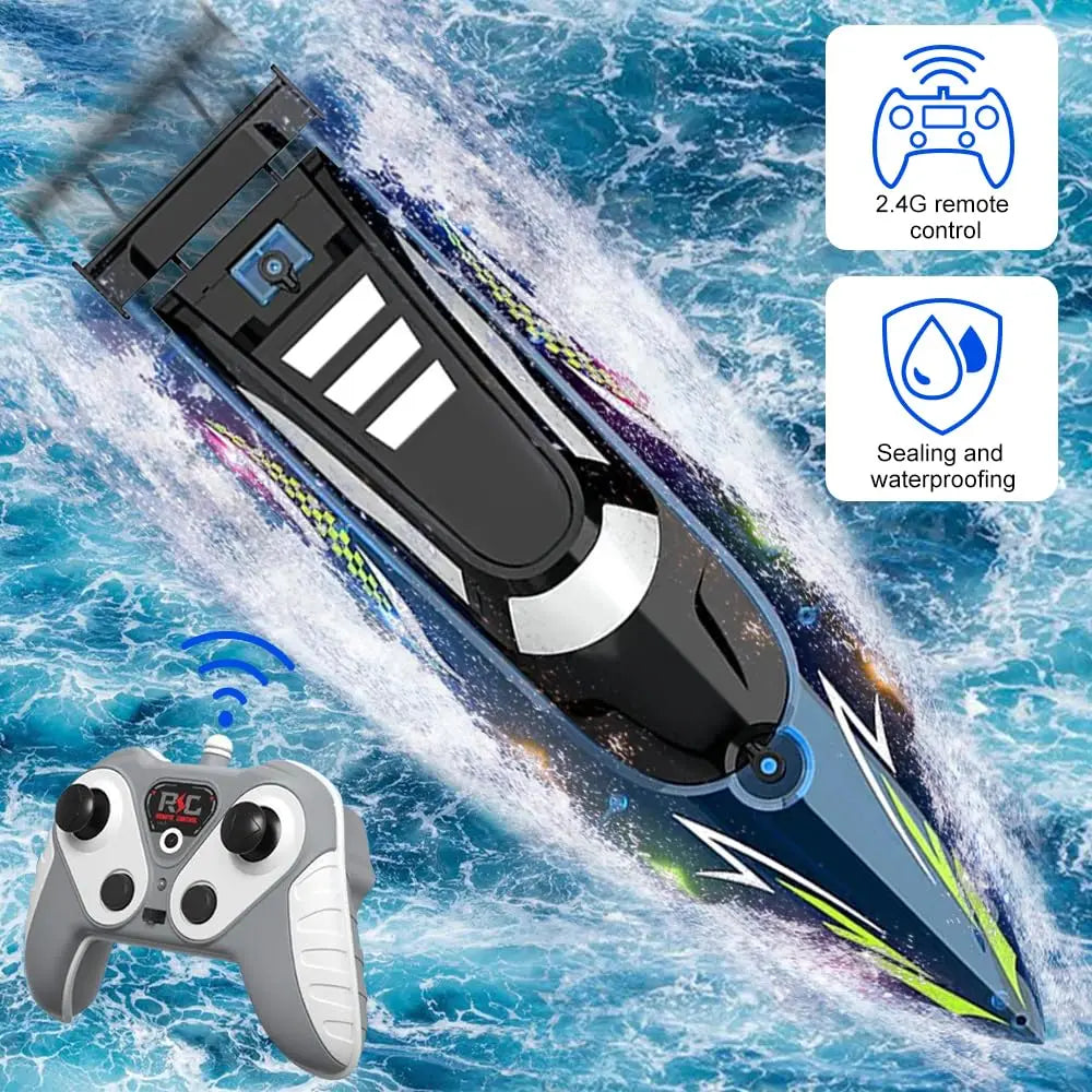 A black high-speed RC speedboat is shown cutting through blue water, with a white remote control visible below.