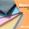 A stack of multi-colored wire dishcloths, including gray, blue, pink, and yellow, is shown with text promoting cleaning ease.