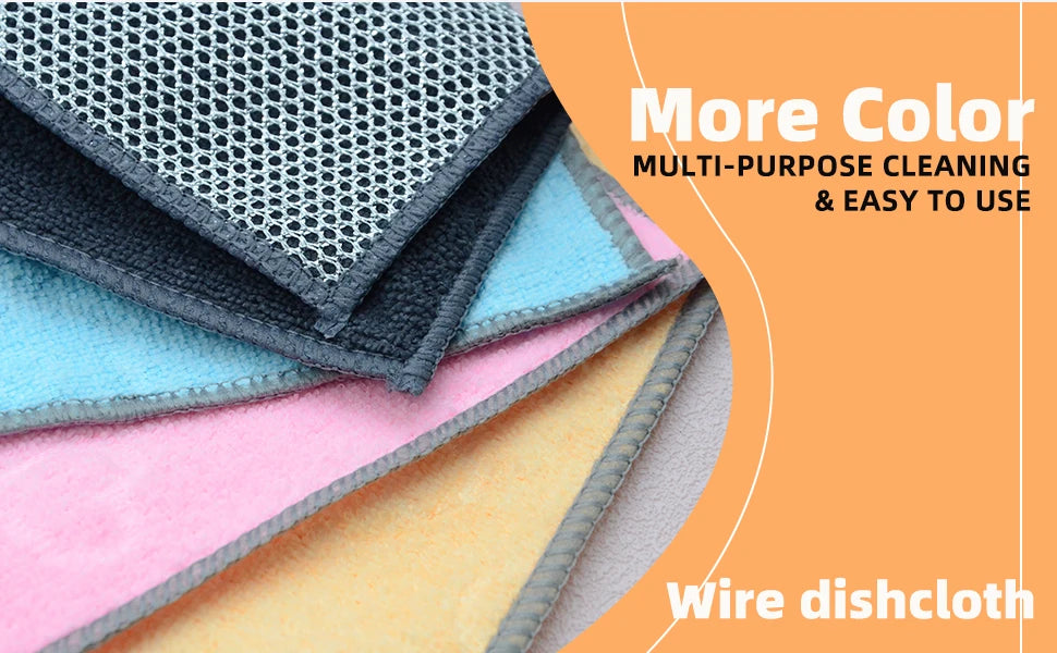 A stack of multi-colored wire dishcloths, including gray, blue, pink, and yellow, is shown with text promoting cleaning ease.