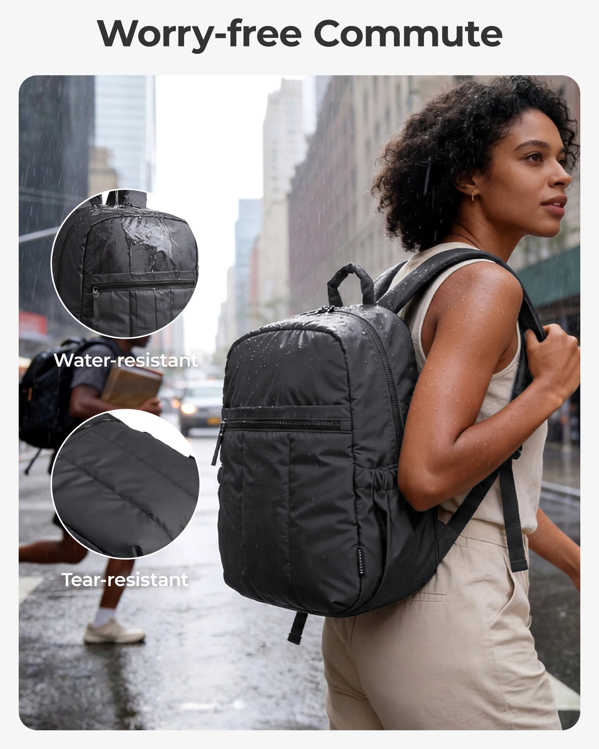 A woman wearing a black laptop backpack walks in the rain, demonstrating its water-resistant and tear-resistant features.