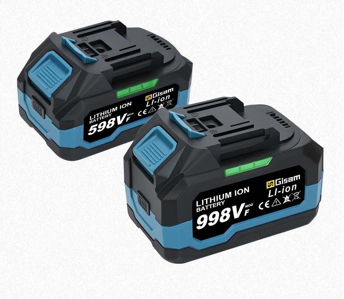 Two black and blue lithium-ion battery packs, one labeled 598V and the other 998V, are shown against a white background.