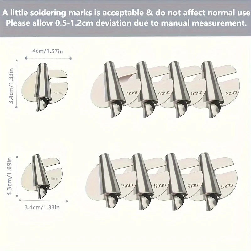 A set of rolled hemmer feet for sewing machines showing various sizes from 3mm to 10mm.