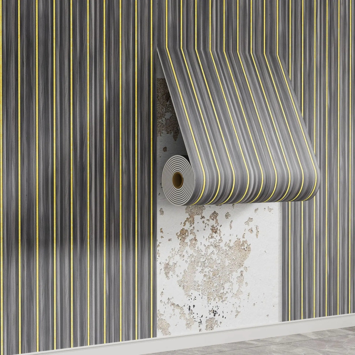 Vertical striped wallpaper featuring gray and yellow lines on a wall surface.