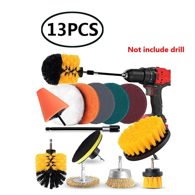 A 13-piece drill brush cleaning kit including various brushes and extensions for home and auto detailing.