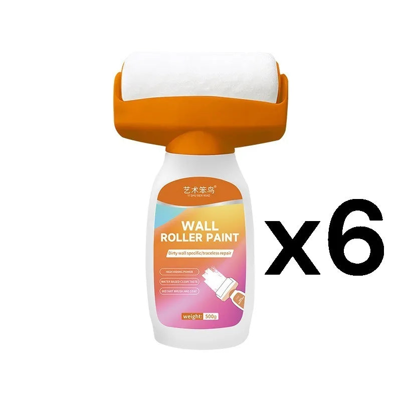 An orange wall roller paint tool with a white foam roller head and a yellow handle.