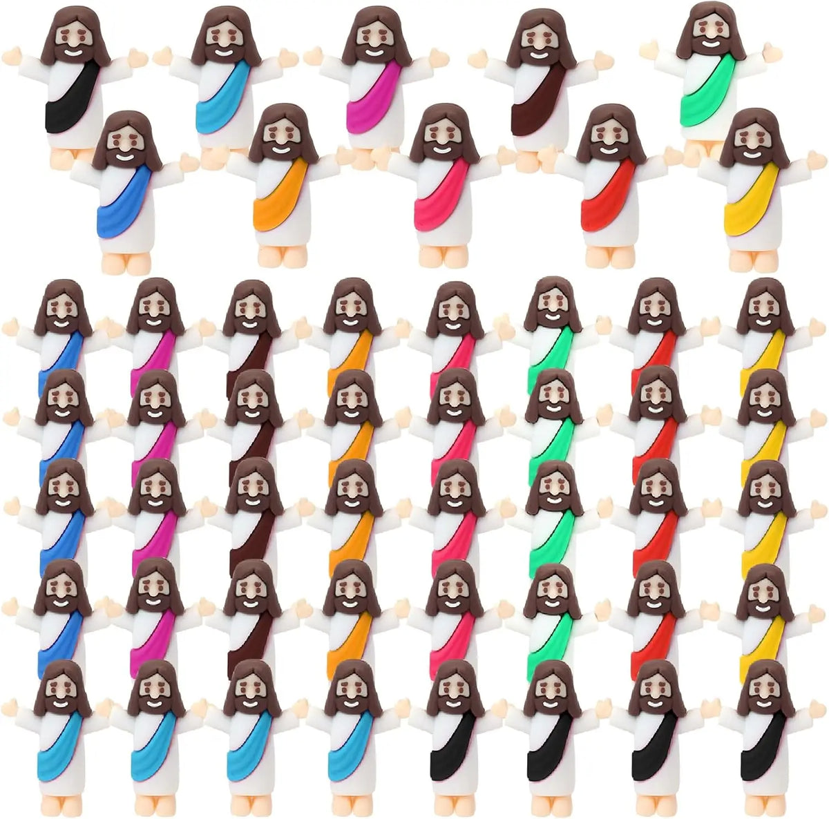 A collection of mini Jesus figurines in various colors and robes for Easter celebrations.