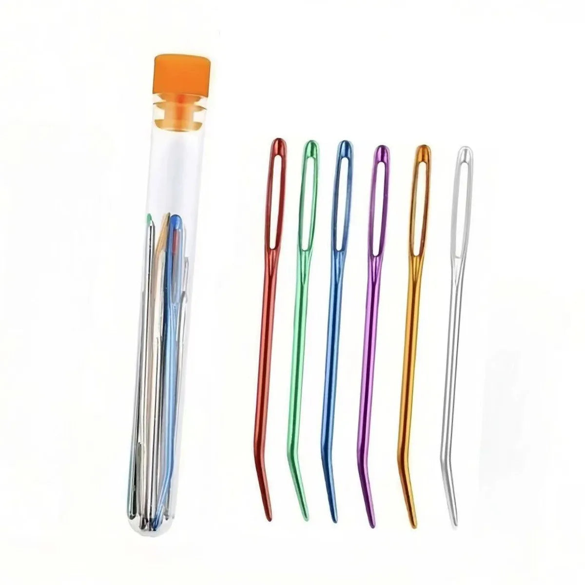 A collection of bent tip tapestry needles in various colors including orange, green, purple, and gold.