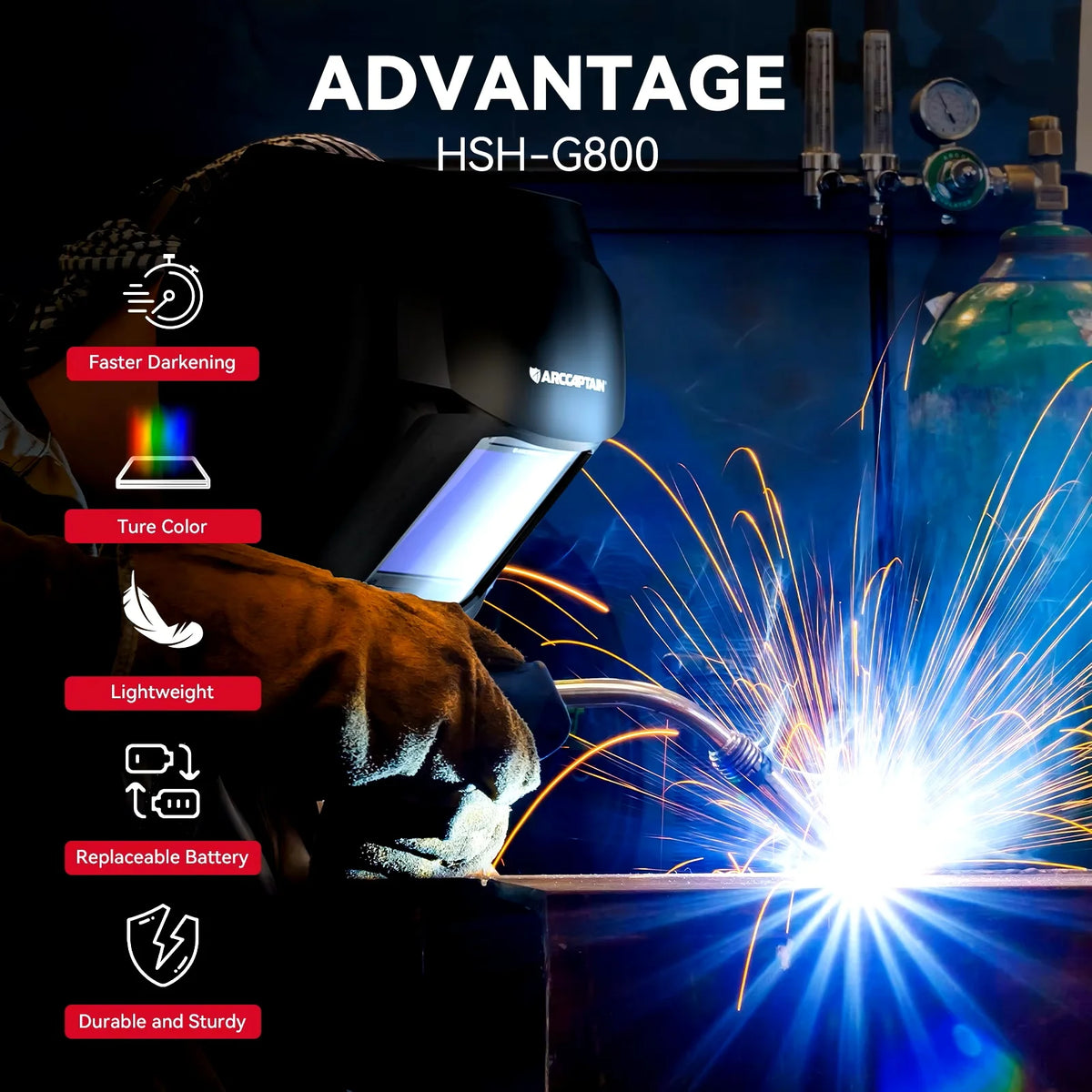 An advantage welding helmet is shown illuminating a bright arc with sparks against a dark background.