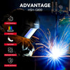 An advantage welding helmet is shown illuminating a bright arc with sparks against a dark background.