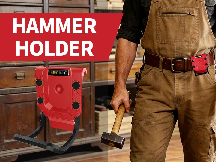 A close-up of a red hammer holder attached to a belt, shown next to a man wearing brown overalls and holding a wooden hammer.
