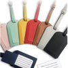 A variety of classic PU leather luggage tags in various colors are displayed on a white background.
