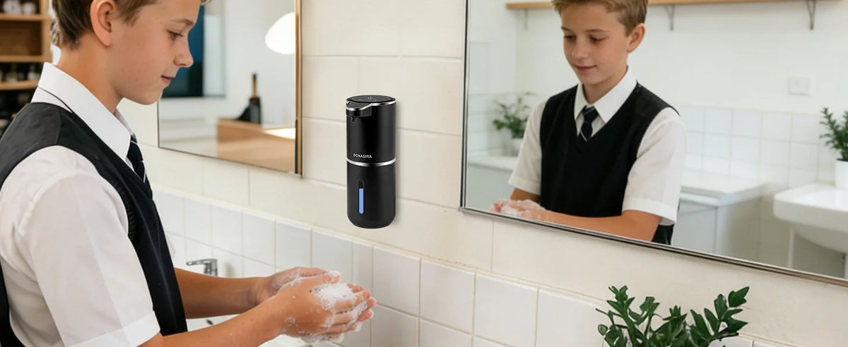 A boy is using a black touchless automatic soap dispenser on a bathroom counter in a school setting.