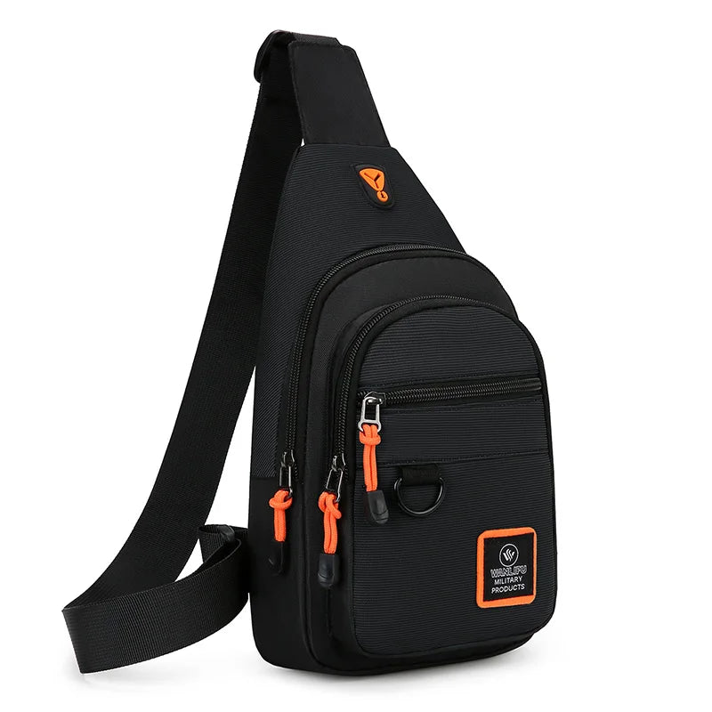 Black men's water-resistant crossbody bag designed for biking, hiking, and daily commutes.