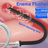 A black enema flusher with a spiral cleaning tank and a silicone nozzle is shown against a pink background.