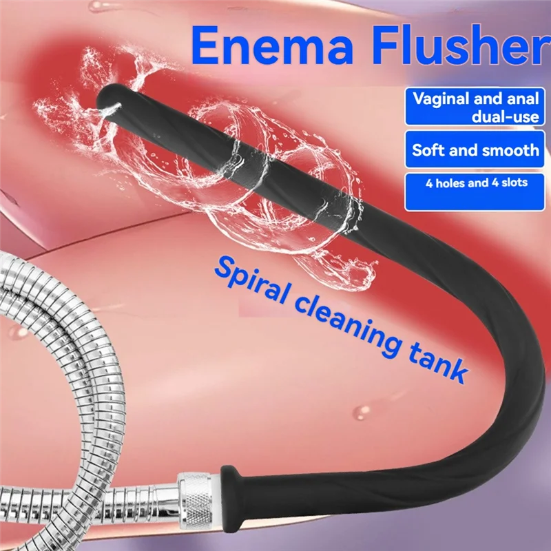 A black enema flusher with a spiral cleaning tank and a silicone nozzle is shown against a pink background.