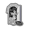 Enamel pin design featuring a silhouette of a woman leaving and entering fiction