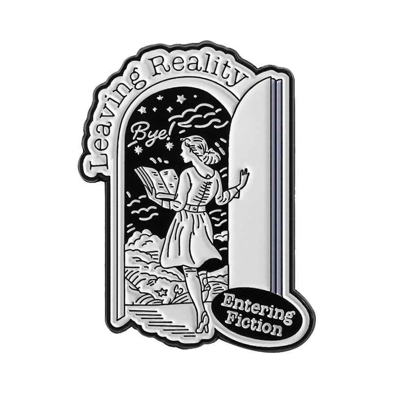 Enamel pin design featuring a silhouette of a woman leaving and entering fiction