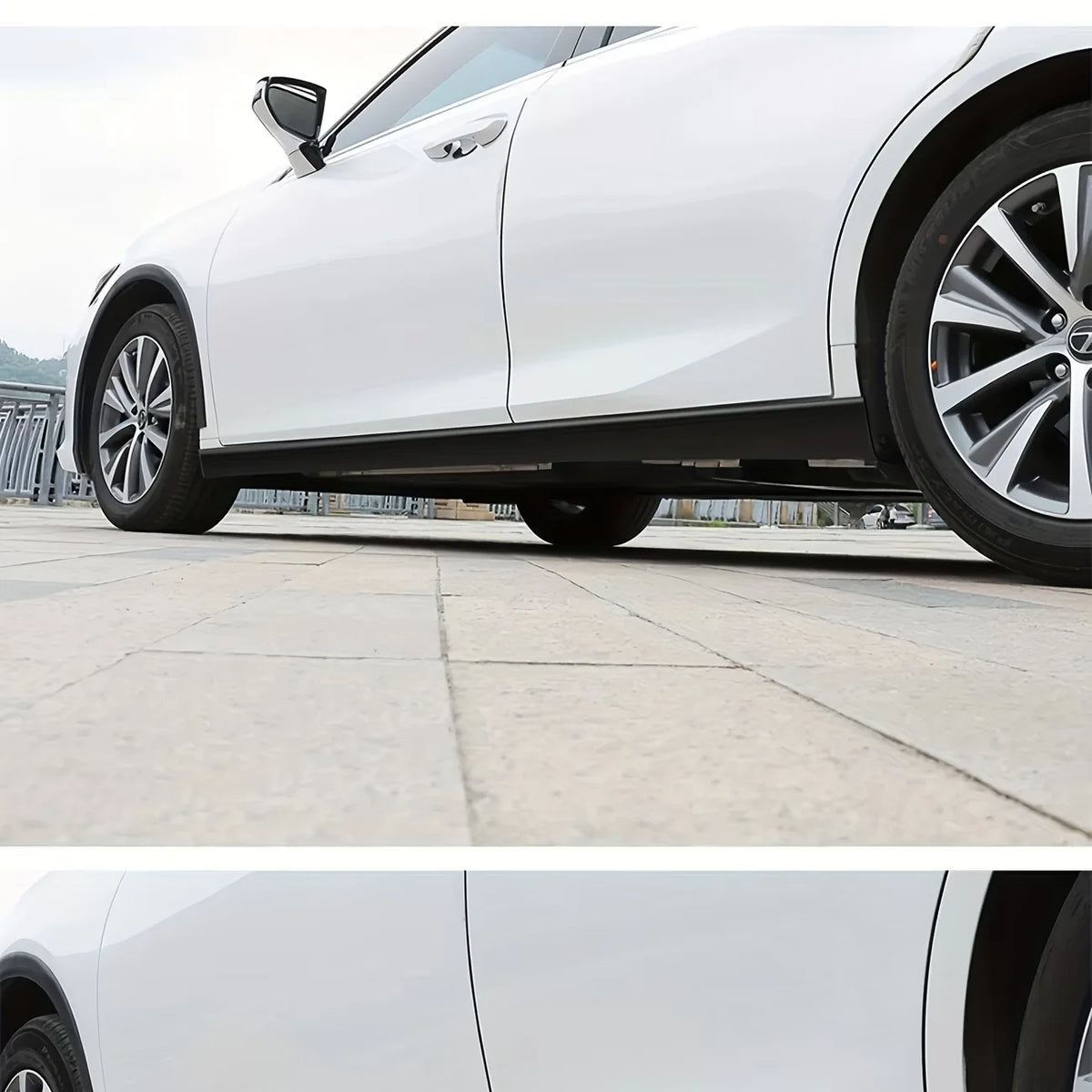 A white car features a black self-adhesive PVC side skirt and door edge protection strip on the lower body.