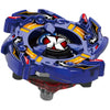 A blue and black precision metal spinning top with yellow accents and a white X design.